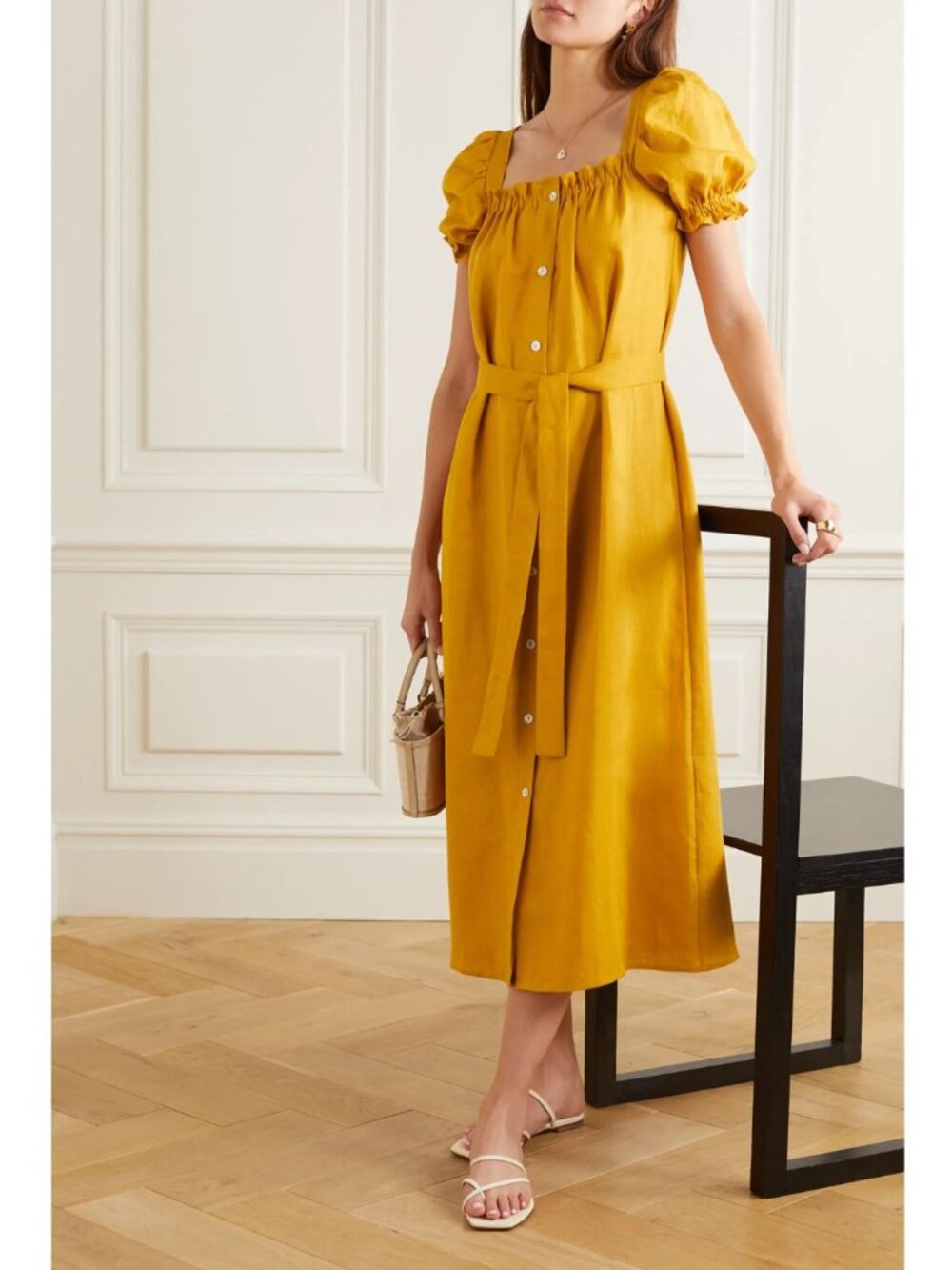 Sleeper Brigitte Midi Linen Dress in Burnt Orange size XS